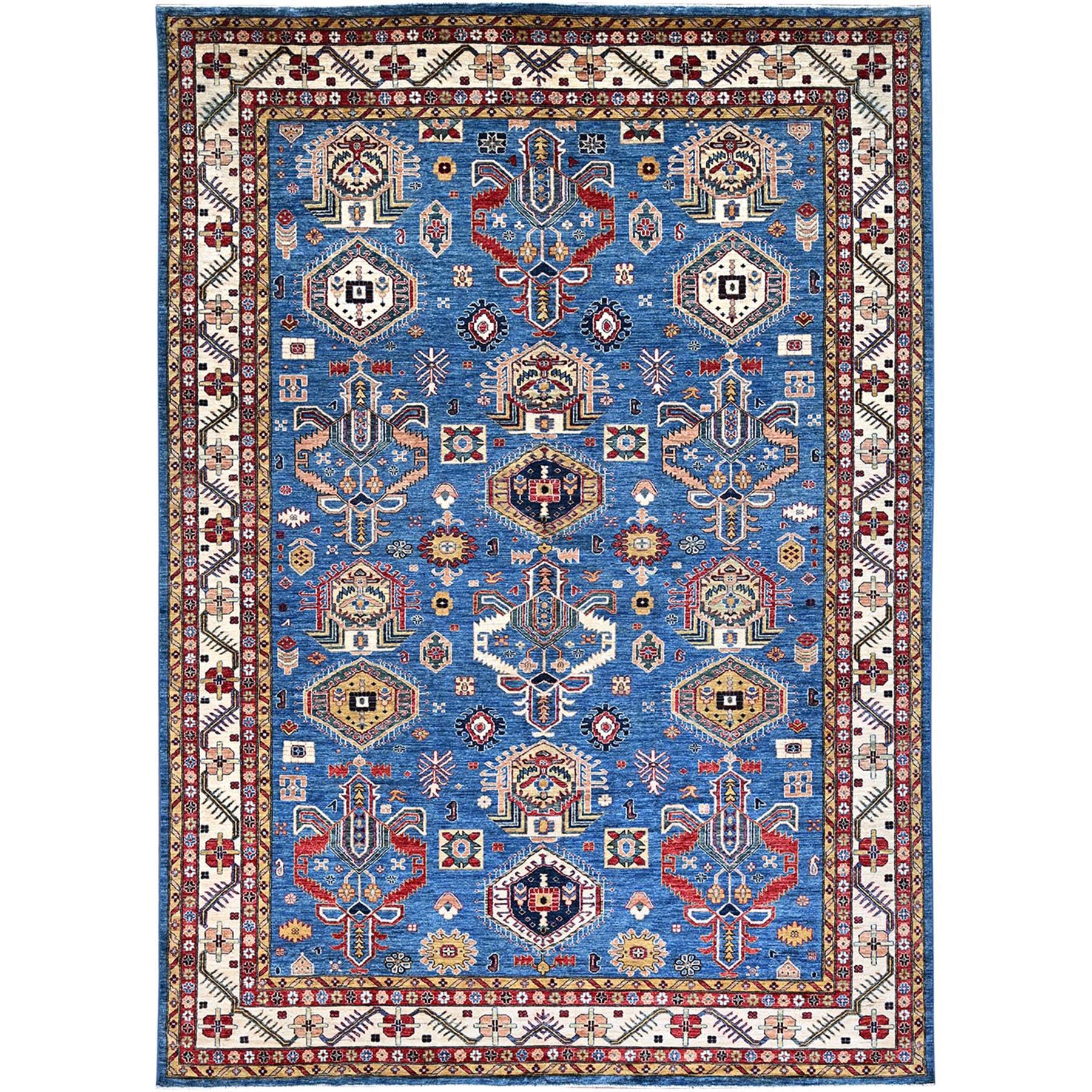 Dodger Blue With All White, Hand Knotted, Afghan Super Kazak with Tribal Medallions Design, Natural Dyes, Soft Wool, Oriental Rug 